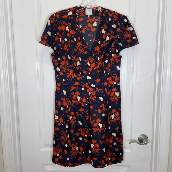 Hi There Karen Walker Floral Print Dress Navy Orange Wrap Vneck Pockets 12 - Picture 1 of 7